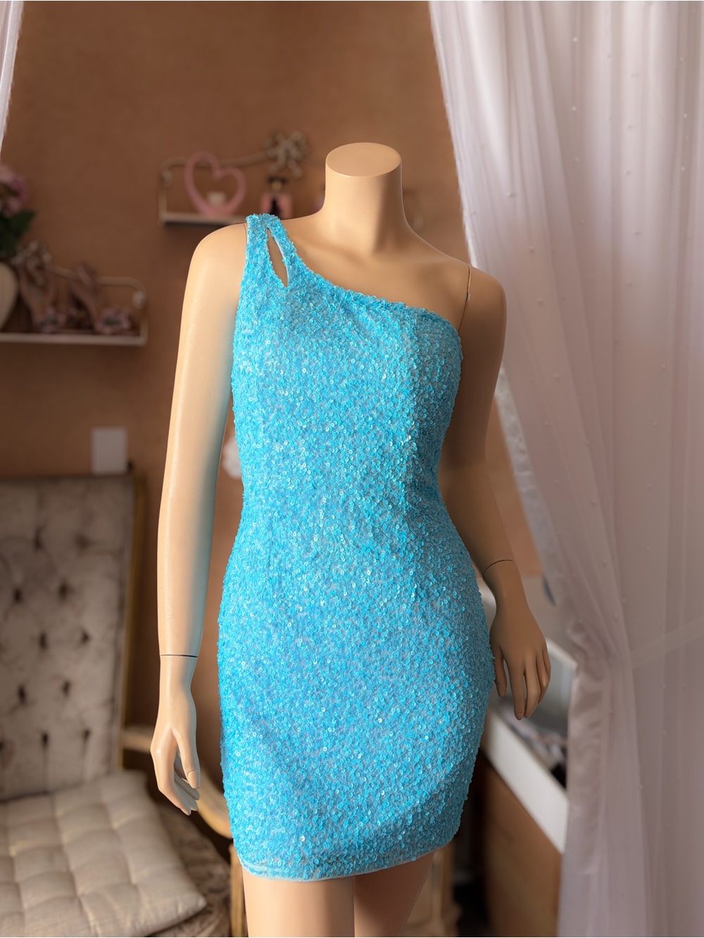 Primavera Aqua Sequin Open Back Homecoming Mini Dress Small